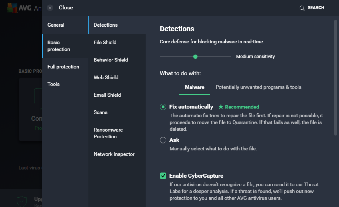 AVG AntiVirus FREE Settings