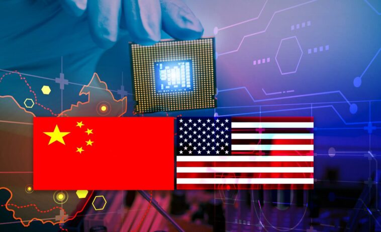 china usa hand holding computer chip on background