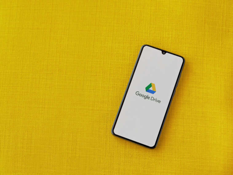 google drive app launch screen with logo on the display of a bla